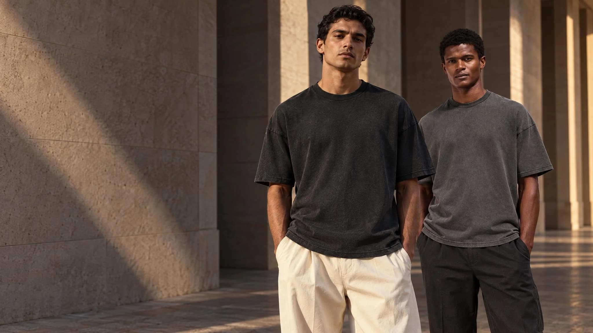 Yenoto AI campaign: washed black and grey ARNE T-shirts against sculptural stone architecture