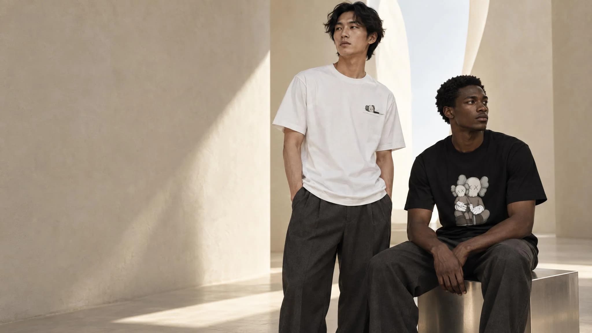 Yenoto AI campaign: white and black KAWS x Uniqlo graphic T-shirts in a sunlit stone gallery