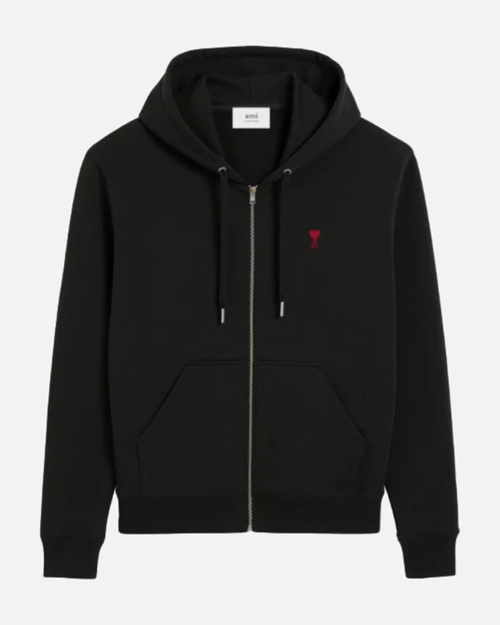 AMI PARIS BLACK COTTON AMI DE COEUR ZIPPED HOODIE - view 1