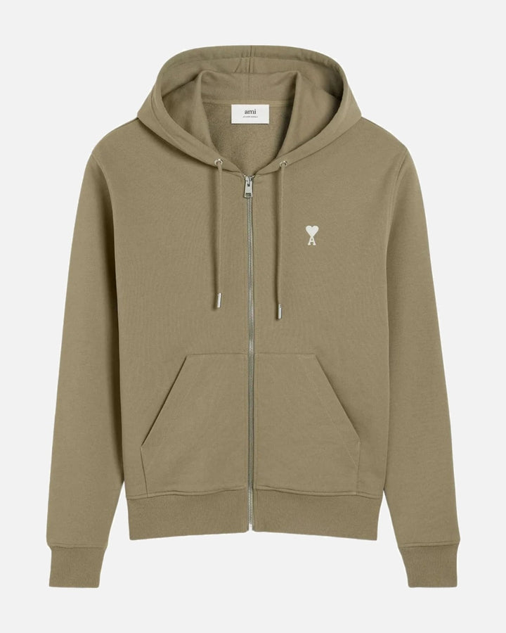 AMI PARIS BLACK COTTON AMI DE COEUR ZIPPED HOODIE OLIVE GREEN - view 1