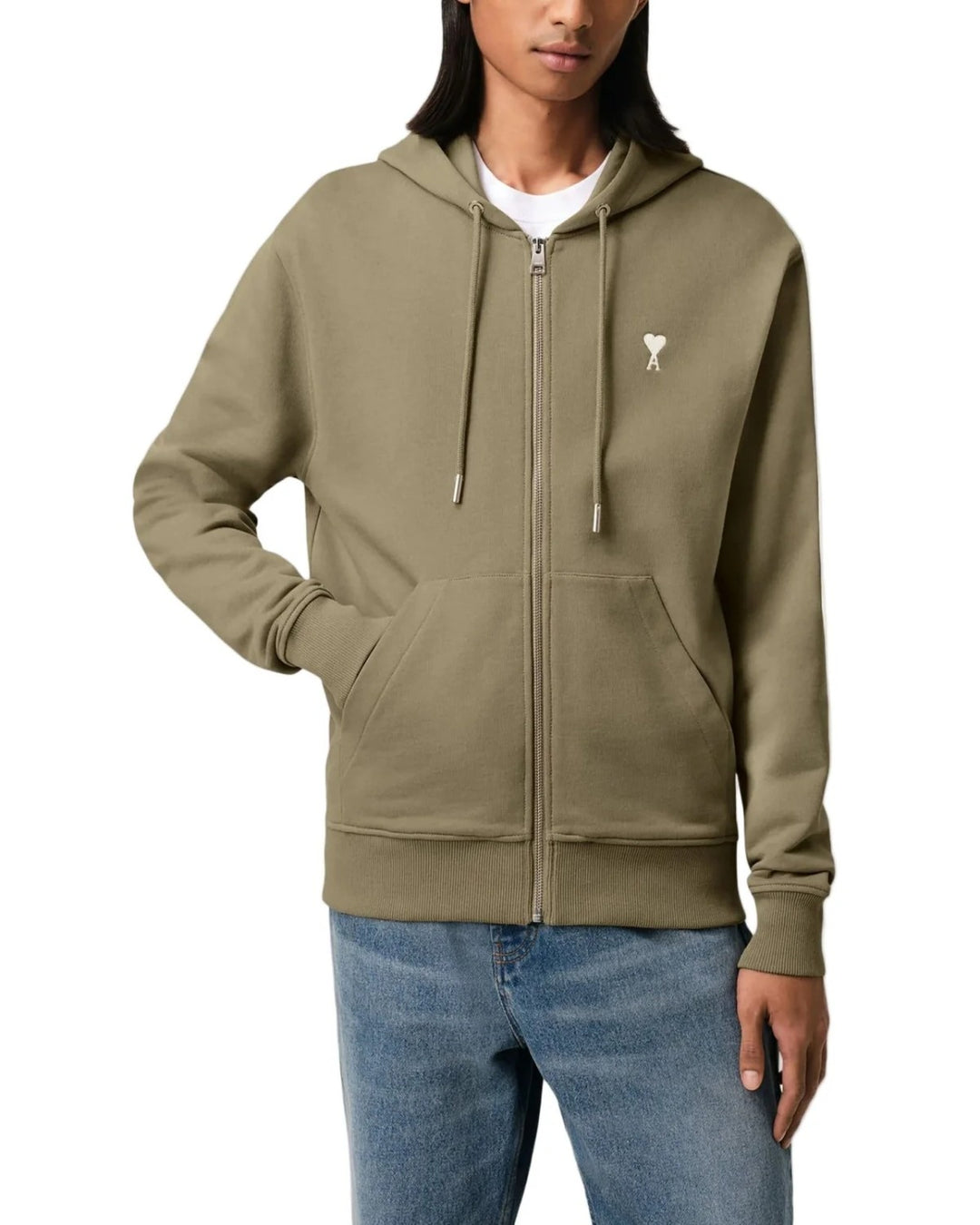 AMI PARIS BLACK COTTON AMI DE COEUR ZIPPED HOODIE OLIVE GREEN - view 2