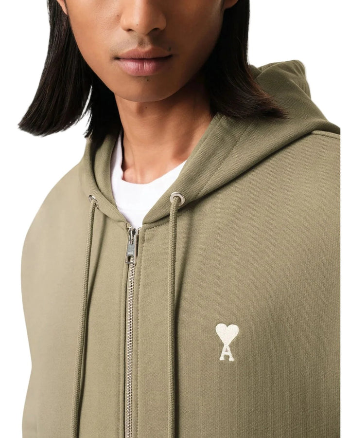 AMI PARIS BLACK COTTON AMI DE COEUR ZIPPED HOODIE OLIVE GREEN - view 3