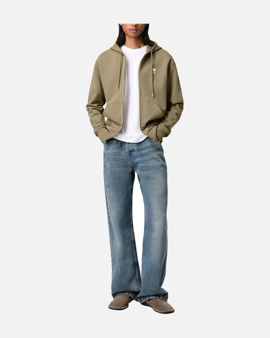 AMI PARIS BLACK COTTON AMI DE COEUR ZIPPED HOODIE OLIVE GREEN - view 4