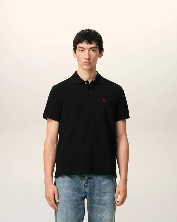 AMI Paris Embroidered Polo Shirt Black - view 2