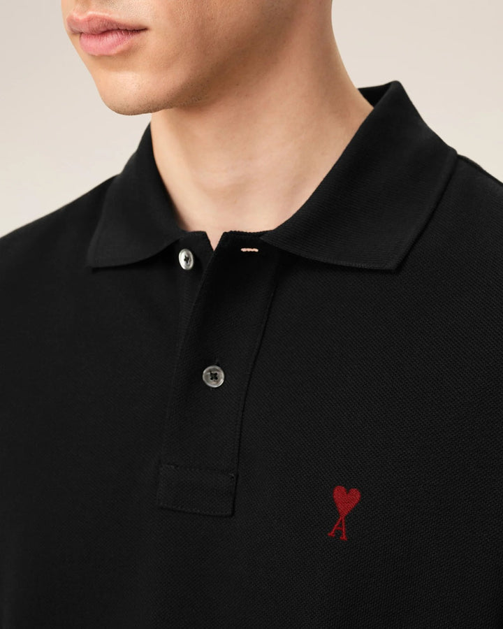 AMI Paris Embroidered Polo Shirt Black - view 3
