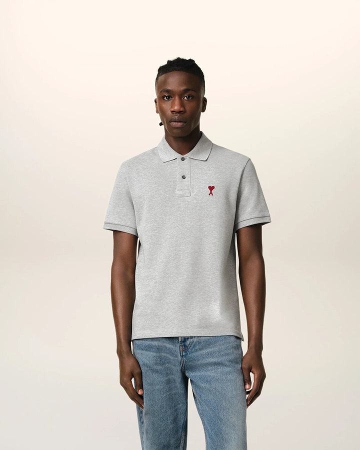 AMI Paris Embroidered Polo Shirt Grey - view 2