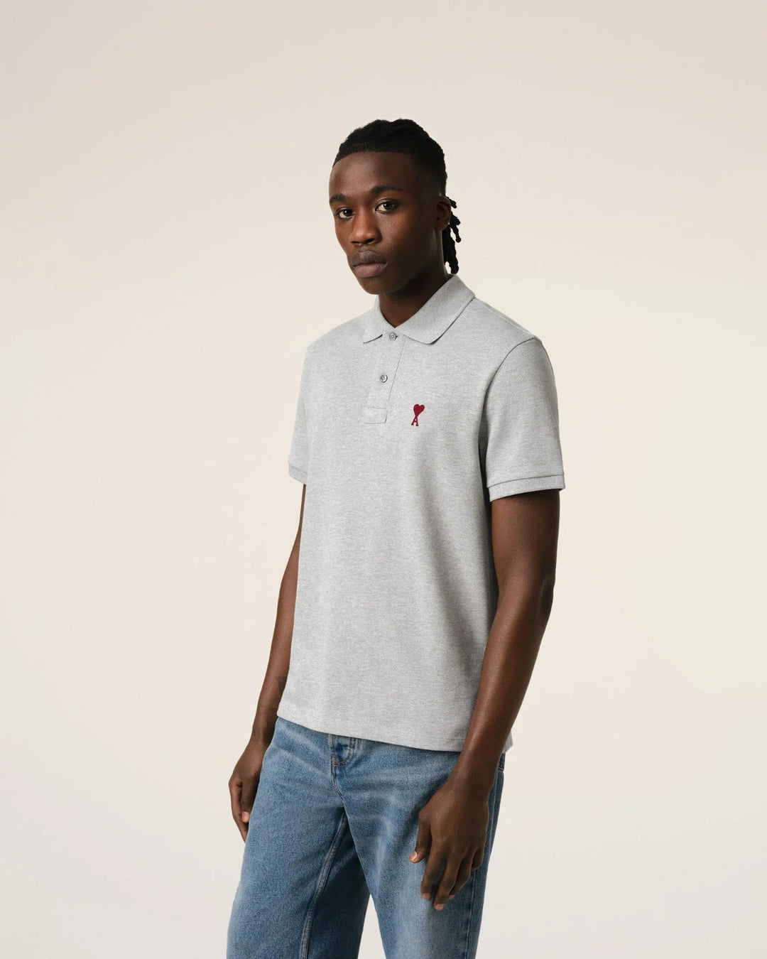 AMI Paris Embroidered Polo Shirt Grey - view 3