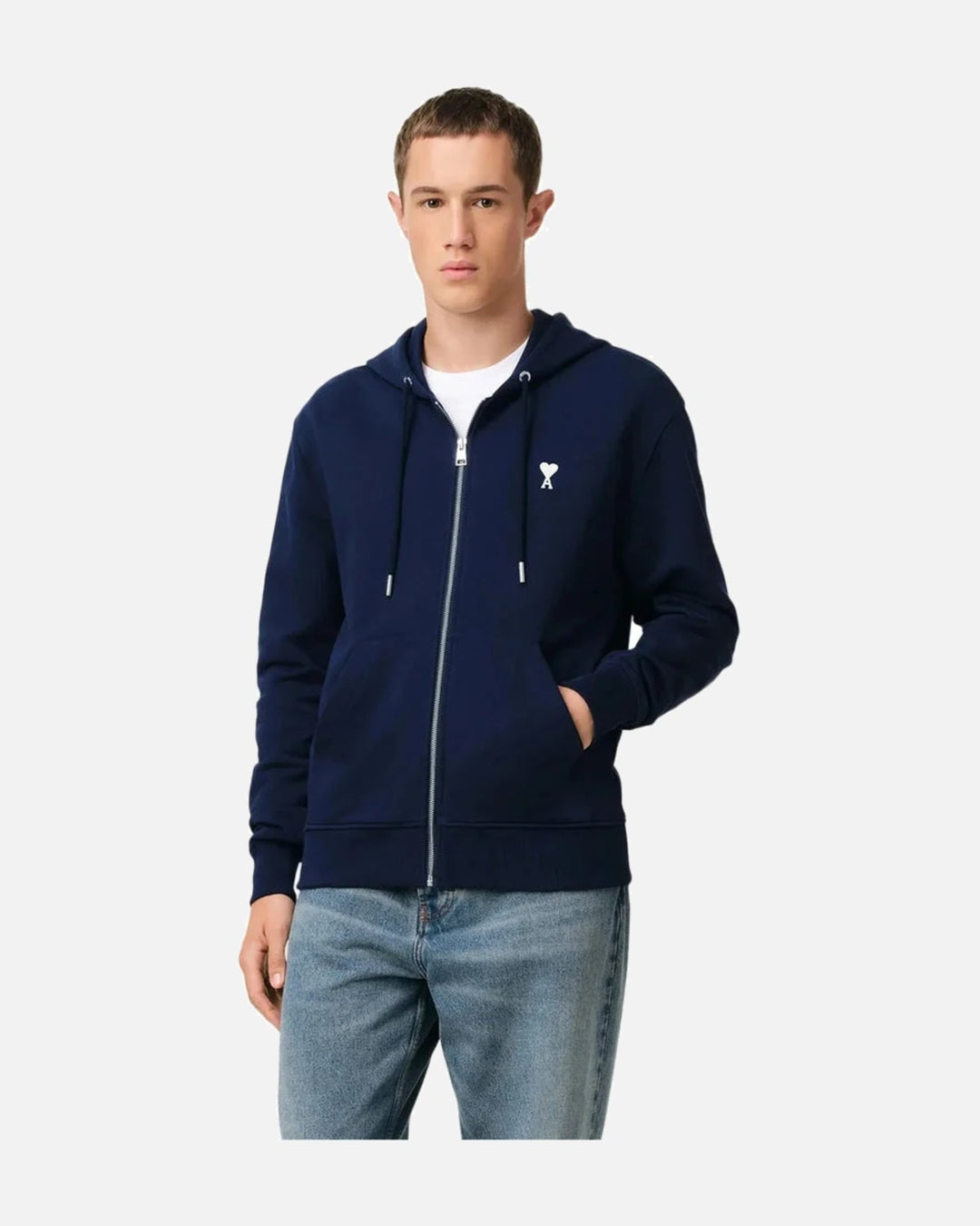 AMI Paris Embroidered Zip Up Hoodie Navy - view 2
