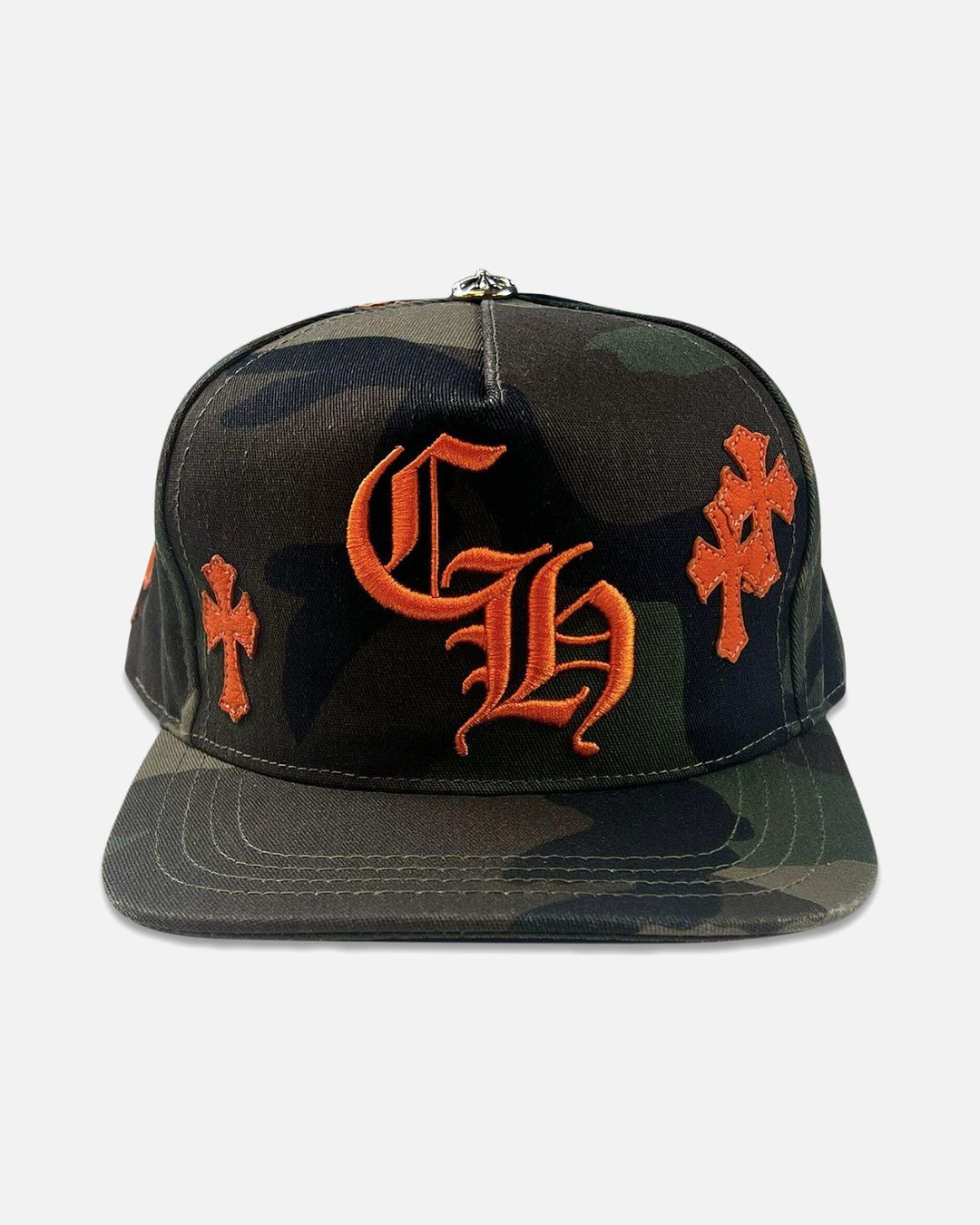 Chrome Hearts Leather Cross Patch CH Snapback Cap Camo/Orange - front