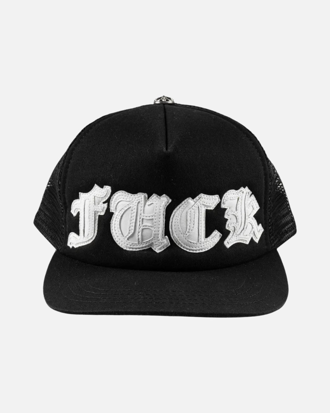 Chrome Hearts White Leather FUCK Patch Trucker Cap Black - front