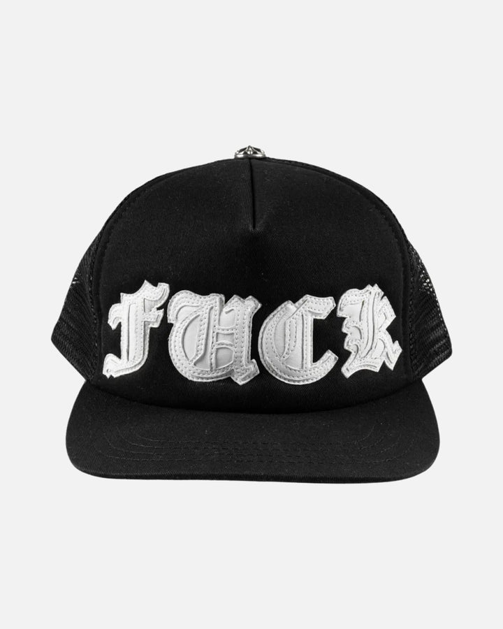 Chrome Hearts White Leather FUCK Patch Trucker Cap Black - front